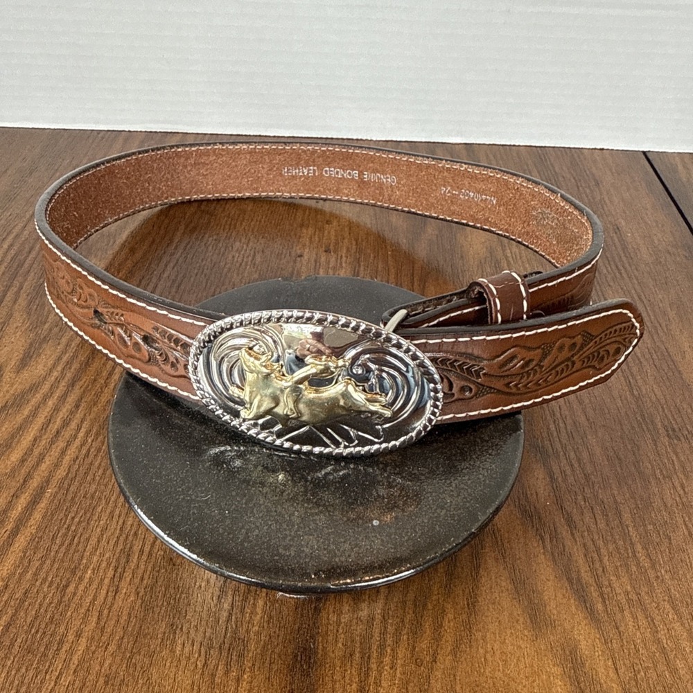 Nocona Tooled Western Belt Size 24 Brown Leather Ornate Cowboy Buckle Bullrider